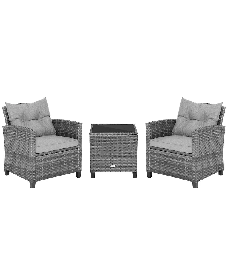 3 Pieces Outdoor Wicker Conversation Set with Tempered Glass Tabletop-Gray