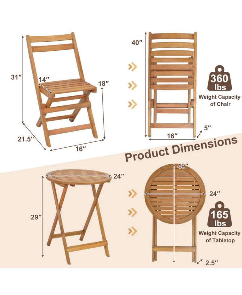 Sugift 3 Pieces Folding Patio Bistro Set with Slatted Tabletop