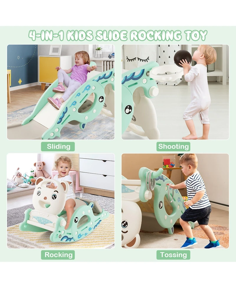 Inolait 4-in-1 Kids Slide Rocking Horse with Basketball and Ring Toss