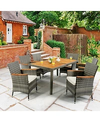 7 Pieces Patio Acacia Wood Cushioned Pe Rattan Wicker Dining Set