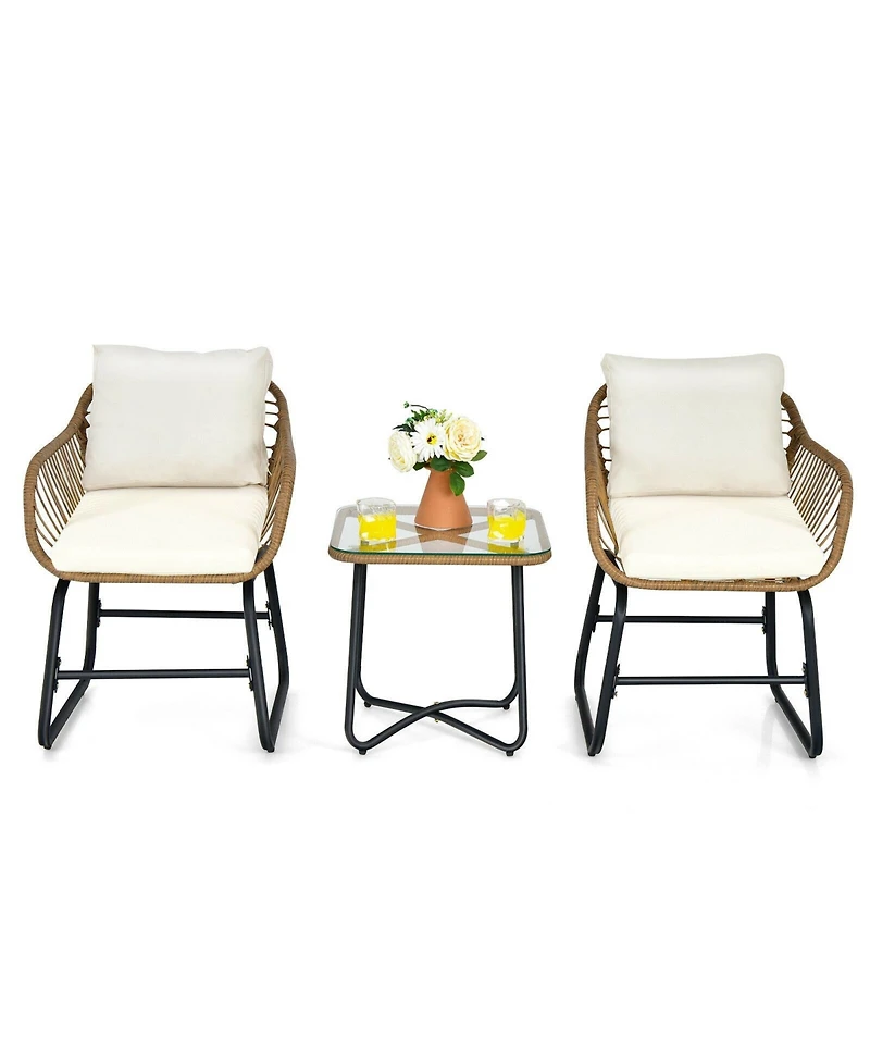 Sugift 3-Piece Patio Bistro Set with 2 Rattan Chairs and Square Glass Coffee Table