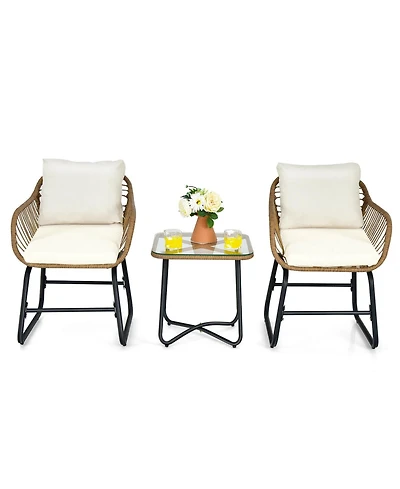 Sugift 3-Piece Patio Bistro Set with 2 Rattan Chairs and Square Glass Coffee Table