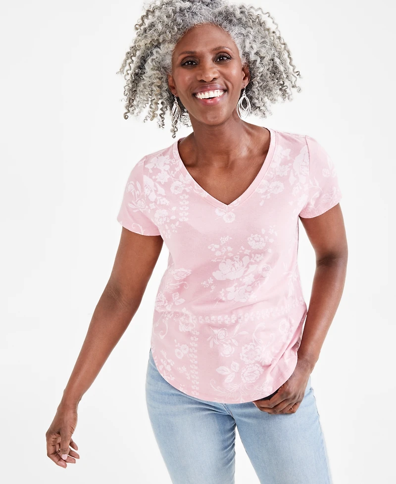 Style & Co Women's Printed V-Neck T-Shirt, Created for Macy's