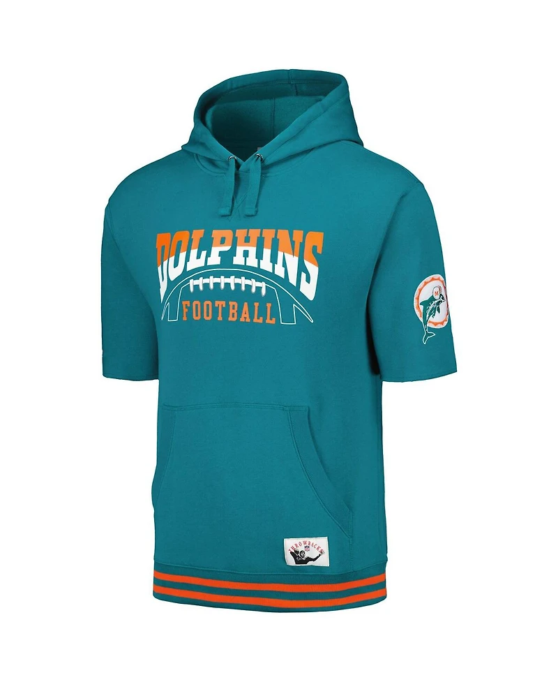 Men's Mitchell & Ness Aqua Miami Dolphins Pre-Game Short Sleeve Pullover Hoodie