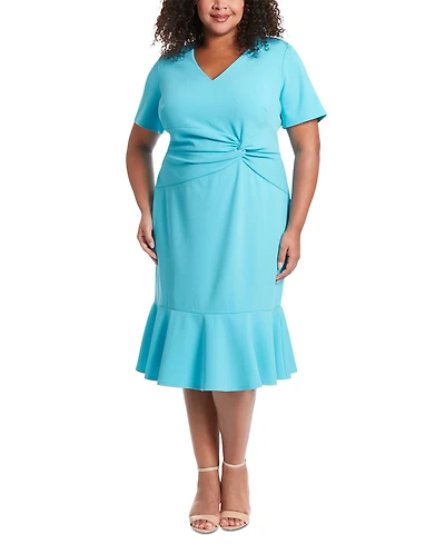London Times Plus Twist-Front Flounce-Hem Dress