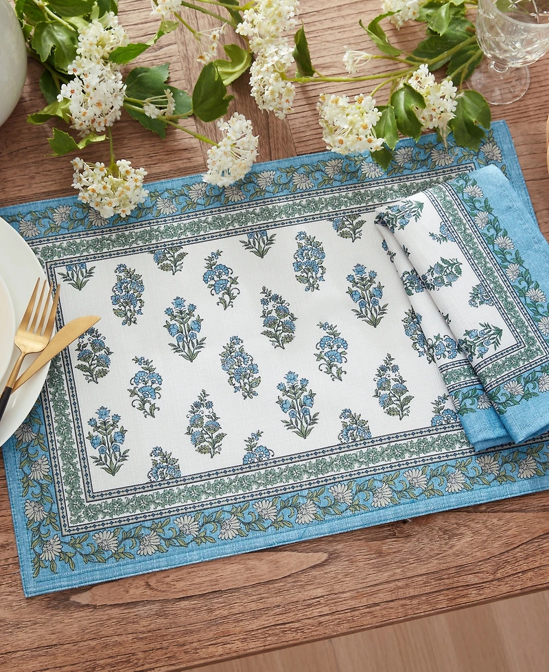 Tropez Block Print Stain Water Resistant Indoor and Outdoor Placemats, Set of 4, 13" x 19"