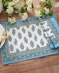 Tropez Block Print Stain Water Resistant Indoor and Outdoor Placemats, Set of 4, 13" x 19"