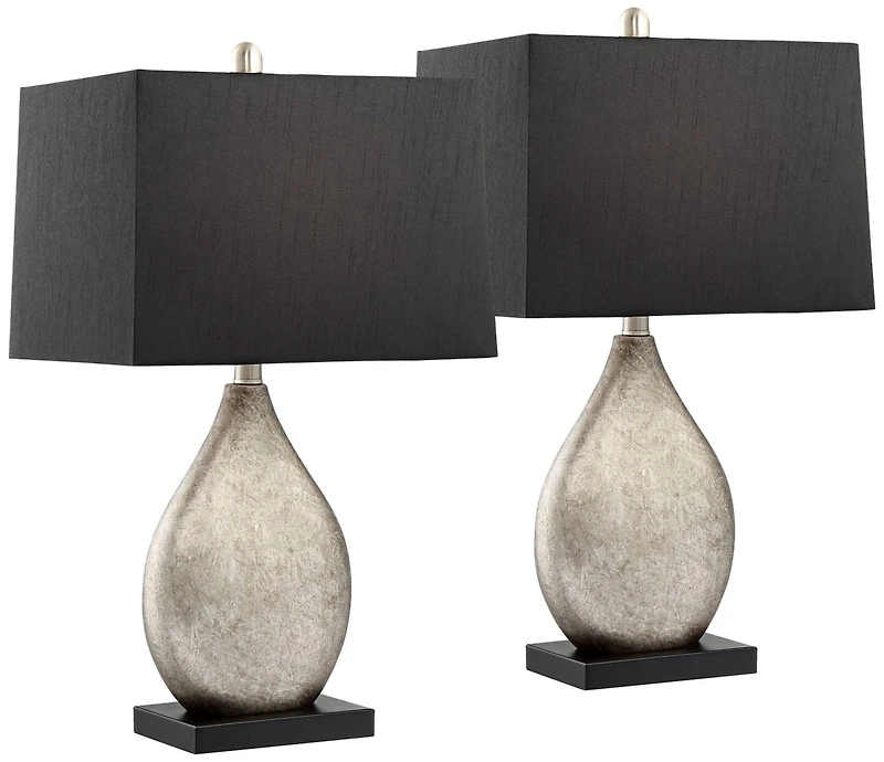 Regency Hill Marco Modern Art Deco Table Lamps 25" High Set of 2 Silver Luxe Black Rectangular Shade for Bedroom Living Room Bedside Nightstand O