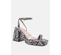 Womens Such Flirt Snake Print Triangular Block Heel Sandals