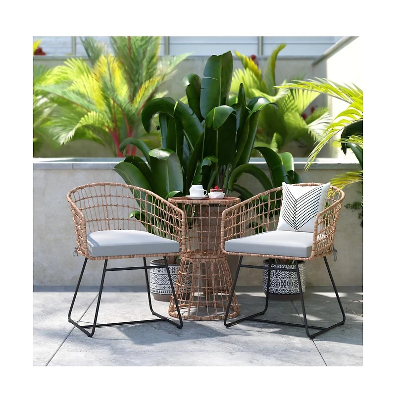 Ari Three Piece All-Weather Rattan Rope Patio Set With Acacia Wood Top Side Table And Two Chairs With Cushions