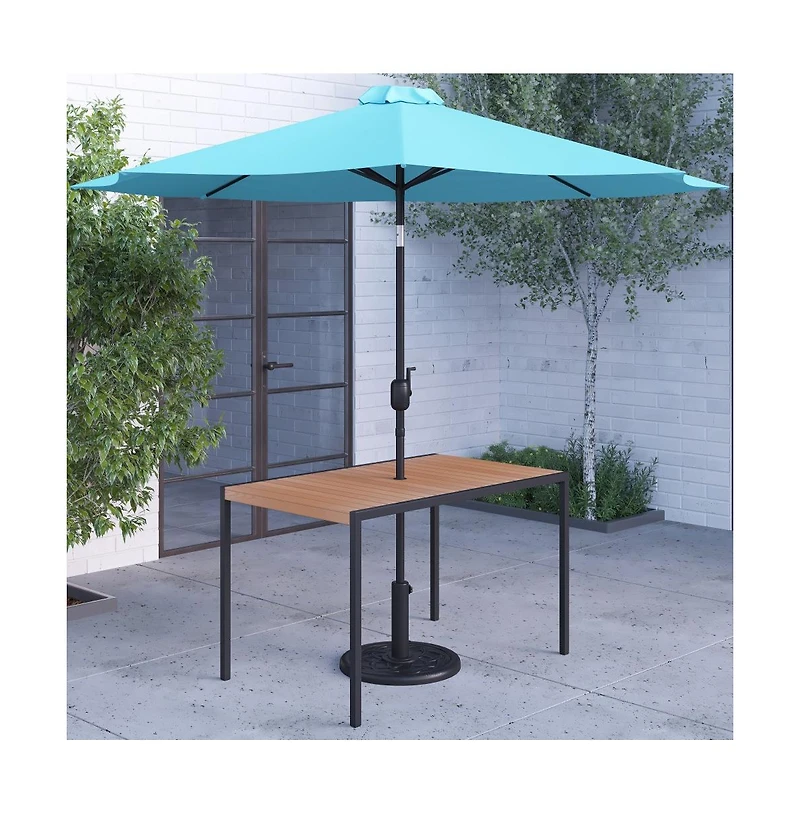 Outdoor Powder Coated Steel Dining Table With Faux Teak Poly Slat Top, 9' Patio Umbrella And Base