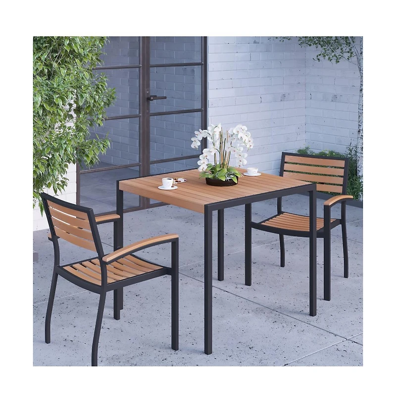 Hampstead Three Piece Faux Teak Patio Dining Set For Indoor And Outdoor Use - Table And Two Club Chairs