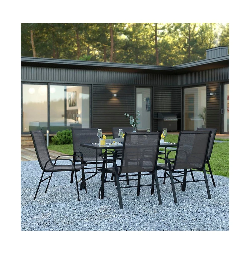 Seven Piece Patio Table Set With Metal Tempered Glass Top And 6 Flex Comfort Stacking Chairs