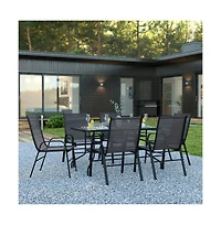 Seven Piece Patio Table Set With Metal Tempered Glass Top And 6 Flex Comfort Stacking Chairs