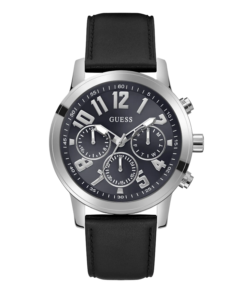 Guess Men's Analog Black Genuine Leather Watch 44mm