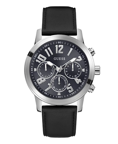 Guess Men's Analog Black Genuine Leather Watch 44mm