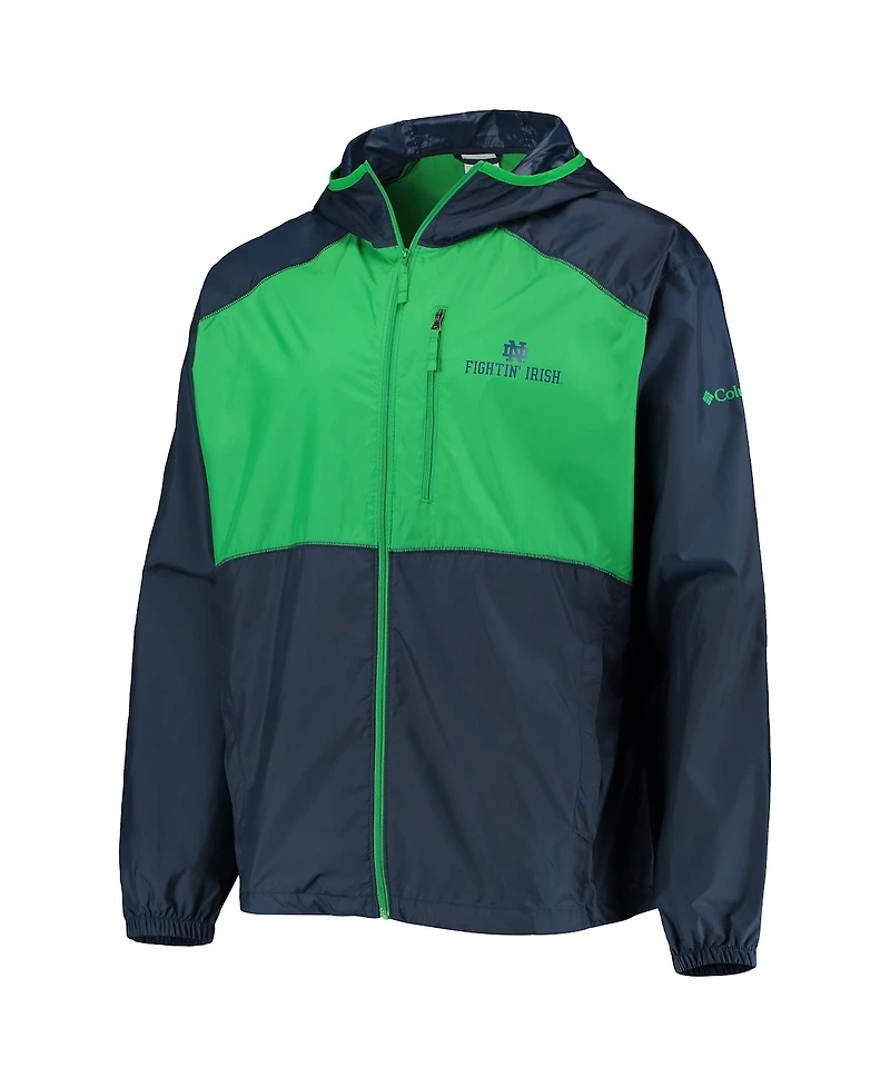 Men's Columbia Navy, Green Notre Dame Fighting Irish Flash Forward Hoodie Full-Zip Lightweight Windbreaker