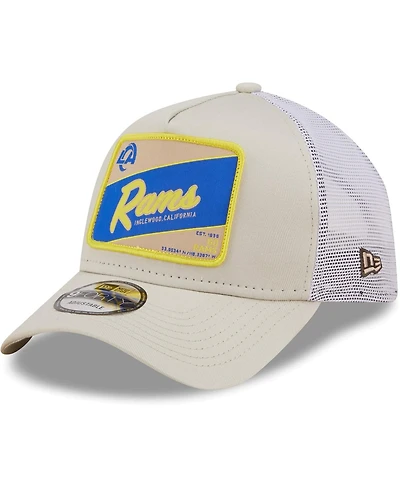 Men's New Era Khaki, White Distressed Los Angeles Rams Happy Camper A-Frame Trucker 9FORTY Snapback Hat