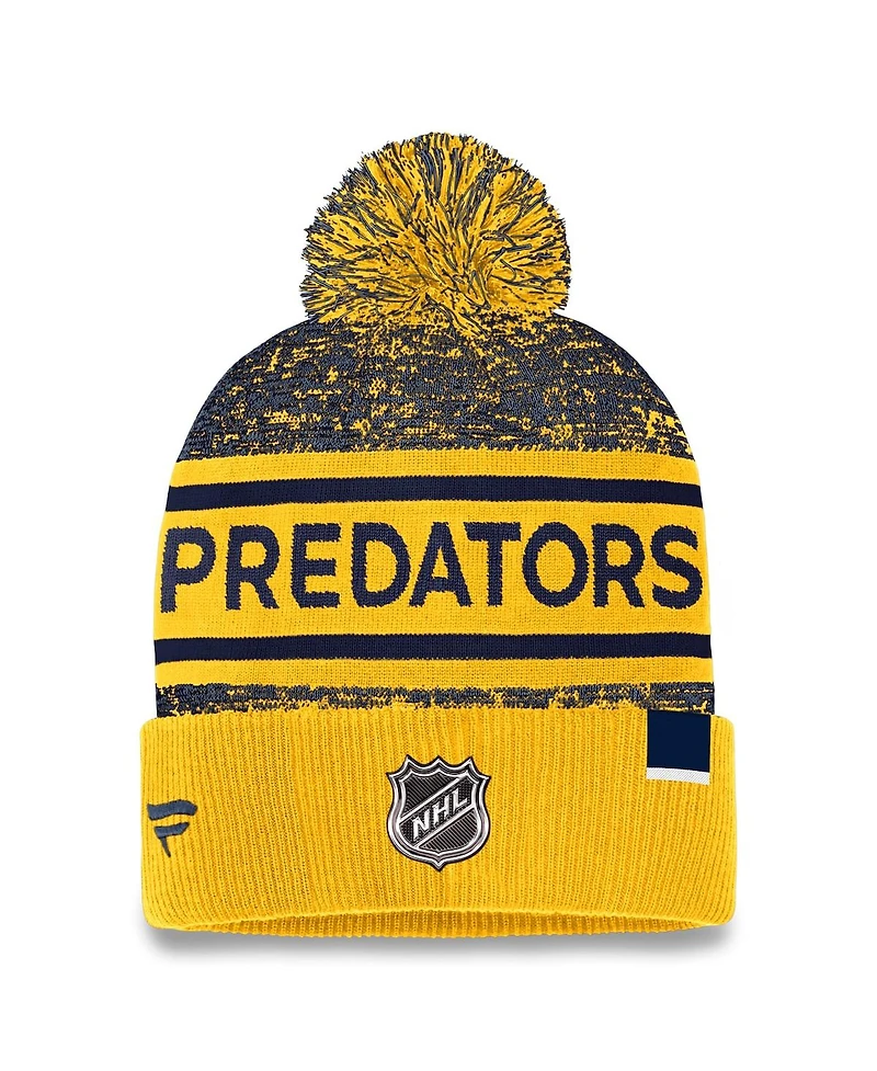 Men's Fanatics Gold, Navy Nashville Predators Authentic Pro Cuffed Knit Hat with Pom
