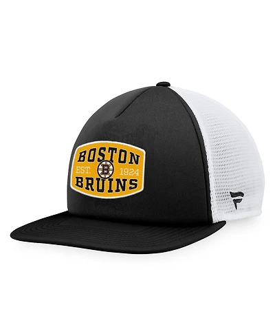 Men's Fanatics Black, White Boston Bruins Foam Front Patch Trucker Snapback Hat