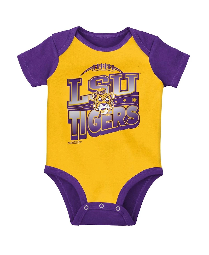 Baby Boys and Girls Mitchell & Ness Purple, Gold Lsu Tigers 3-Pack Bodysuit, Bib Bootie Set