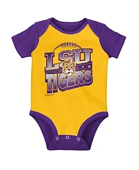 Baby Boys and Girls Mitchell & Ness Purple, Gold Lsu Tigers 3-Pack Bodysuit, Bib Bootie Set