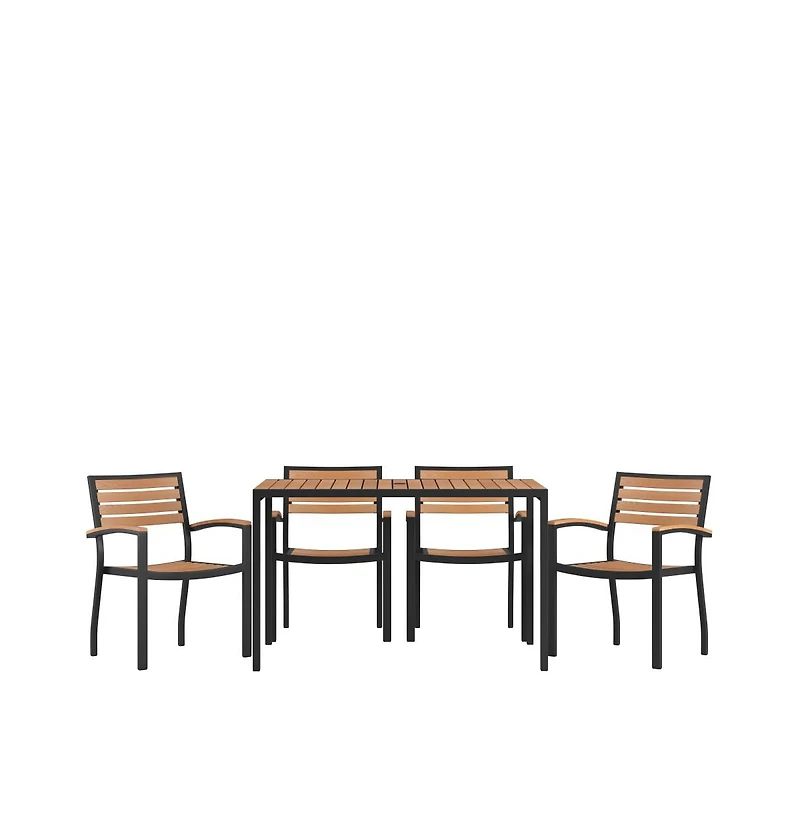 Chara 5 Piece Outdoor Synthetic Teak Poly Slat Table & Chairs Set - Steel Framed Table With Umbrella Hole & 4 Club Chairs
