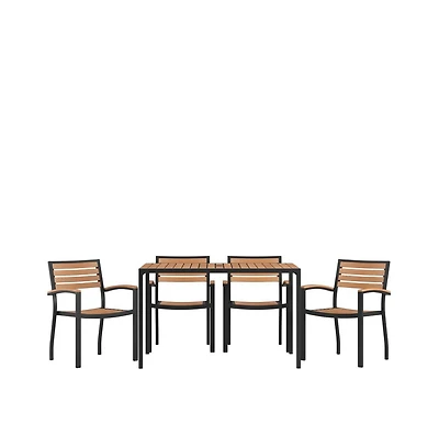Chara 5 Piece Outdoor Synthetic Teak Poly Slat Table & Chairs Set - Steel Framed Table With Umbrella Hole & 4 Club Chairs