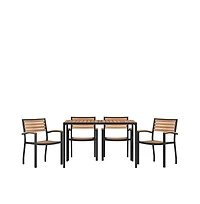 Chara 5 Piece Outdoor Synthetic Teak Poly Slat Table & Chairs Set - Steel Framed Table With Umbrella Hole & 4 Club Chairs