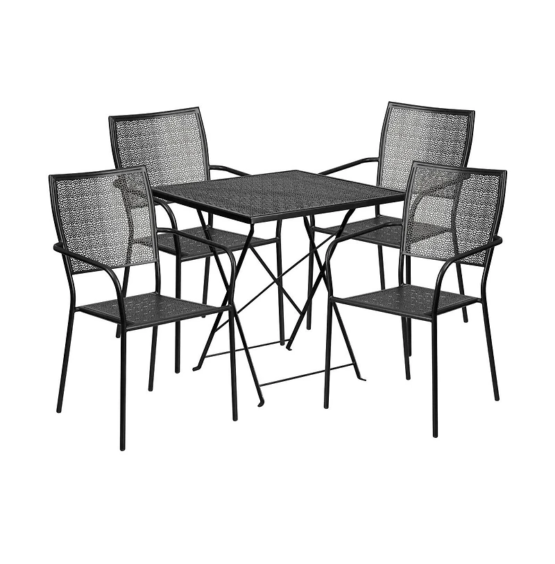 Commercial 28" Square Metal Folding Patio Table Set W/ 4 Back Chairs