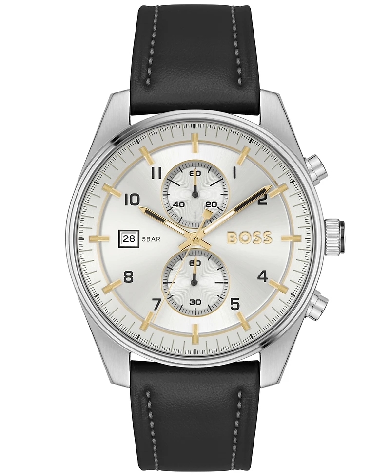 Hugo Boss Men's Skytraveller Quartz Fashion Chrono Black Leather Watch 44mm