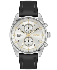 Hugo Boss Men's Skytraveller Quartz Fashion Chrono Black Leather Watch 44mm
