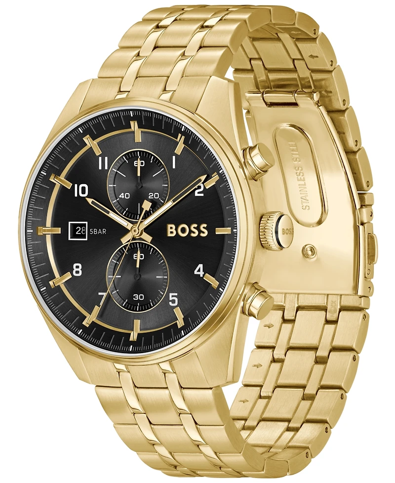 Hugo Boss Men's Skytraveller Quartz Fashion Chrono Ionic Plated Thin Gold-Tone Steel Watch 44mm
