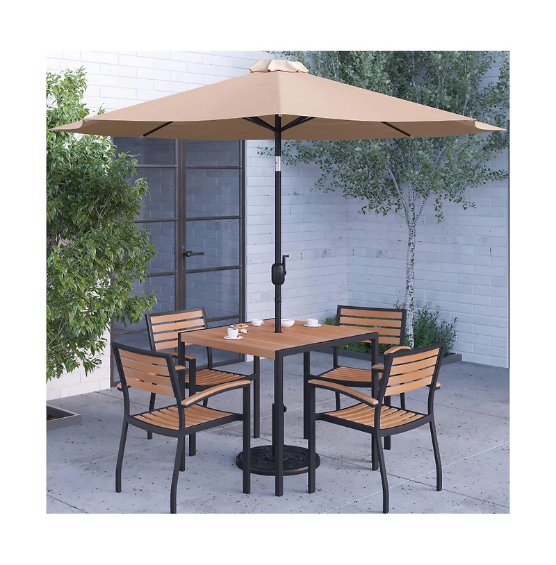 Hampstead Seven Piece Faux Teak Patio Dining Set Includes Table, Four Club Chairs, 9' Patio Umbrella And Base