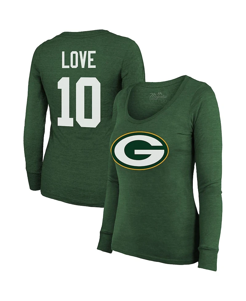 Women's Majestic Threads Jordan Love Green Bay Packers Name and Number Long Sleeve Scoop Neck Tri-Blend T-shirt