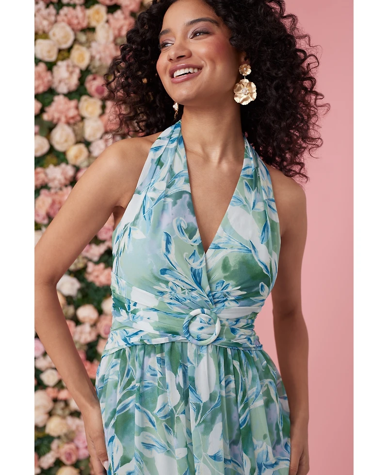 Adrianna Papell Women's Leaf-Print Chiffon Shirred Gown