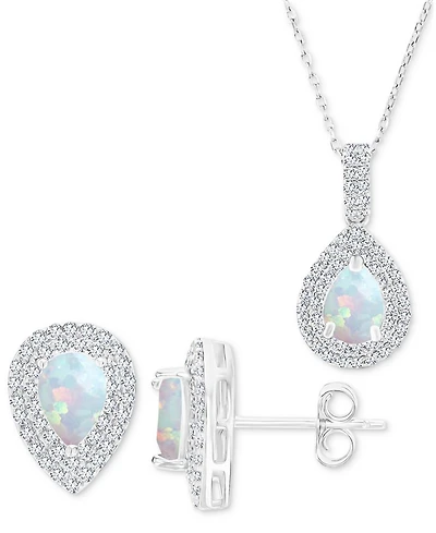 2-Pc. Set Lab-Grown Opal (1-1/20 ct. t.w.) & Lab-Grown White Sapphire (1 ct. t.w.) Teardrop Halo Pendant Necklace & Matching Stud Earrings in Sterling