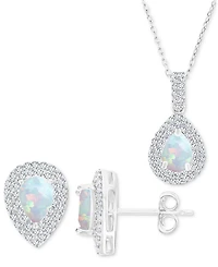 2-Pc. Set Lab-Grown Opal (1-1/20 ct. t.w.) & Lab-Grown White Sapphire (1 ct. t.w.) Teardrop Halo Pendant Necklace & Matching Stud Earrings in Sterling