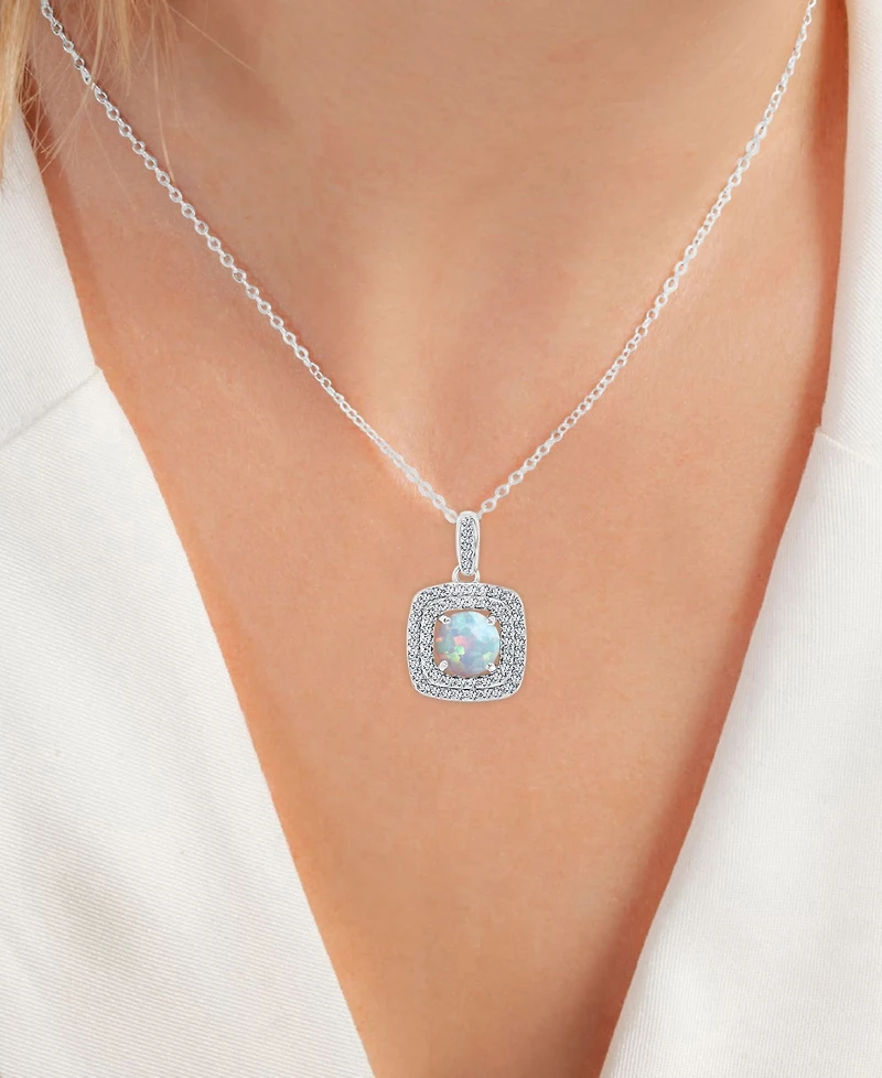 2-Pc. Set Lab-Grown Opal (1-1/5 ct. t.w.) & Lab-Grown White Sapphire (7/8 ct. t.w.) Square Halo Pendant Necklace & Matching Stud Earrings in Sterling