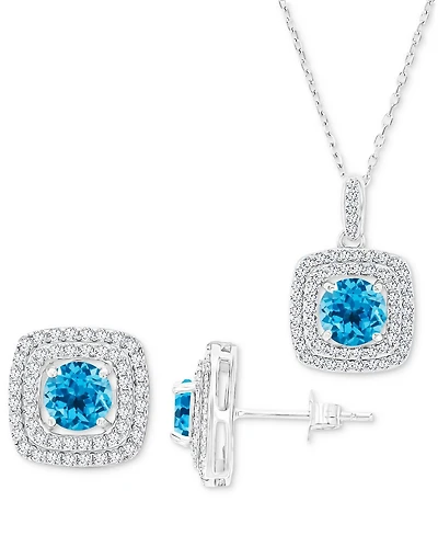 2-Pc. Set Swiss Blue Topaz (3-5/8 ct. t.w.) & Lab-Grown White Sapphire (7/8 ct. t.w.) Square Halo Pendant Necklace & Matching Stud Earrings in Sterlin