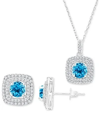 2-Pc. Set Swiss Blue Topaz (3-5/8 ct. t.w.) & Lab-Grown White Sapphire (7/8 ct. t.w.) Square Halo Pendant Necklace & Matching Stud Earrings in Sterlin