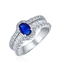 Bling Jewelry Art Deco Style Halo Royal Blue Oval Solitaire Promise Ring Sterling Silver