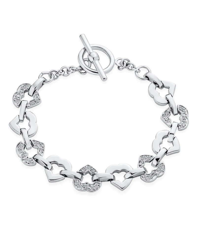 Bling Jewelry Clear Pave Cubic Zirconia Cz Alternating Open Heart Shape Bracelet Rhodium 7 Inch