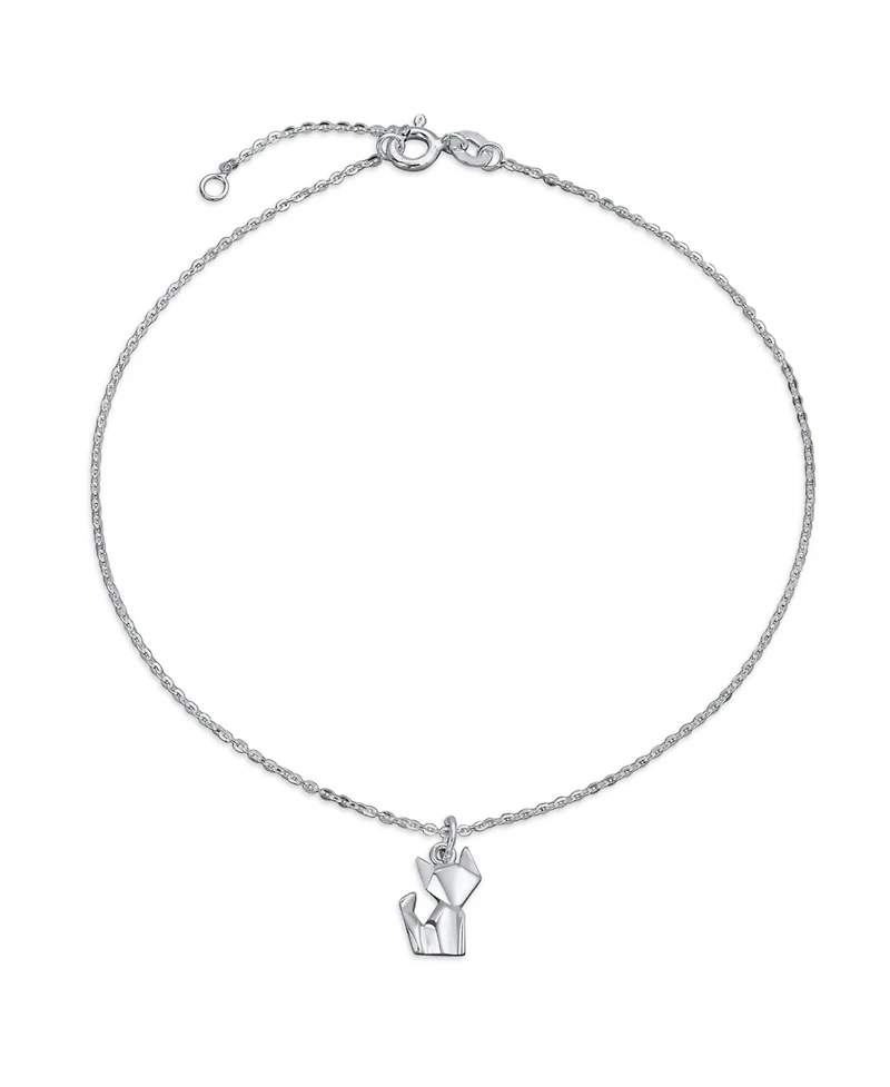Bling Jewelry 3D Geometric Origami Jewelry Animals Pet Cat Kitten Anklet Small Charm Dangle Ankle Bracelet Sterling Silver Adjustable 9 To 10 Inch