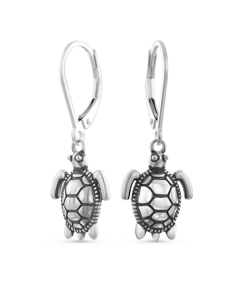 Bling Jewelry Honeymoon Vacation Tiny Nautical Hawaiian Sea Tortoise Beach Turtle Dangle Earrings Oxidized Sterling Silver