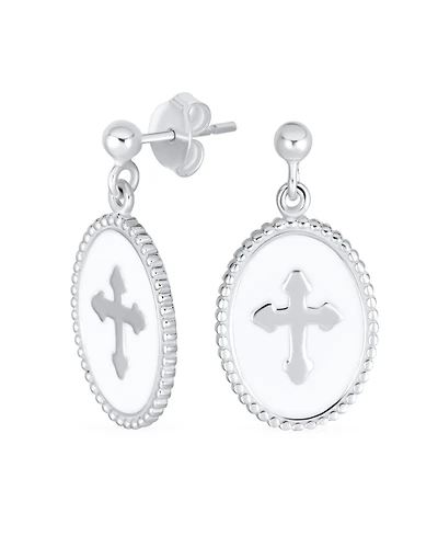 Bling Jewelry Christian Religious Spiritual White Enamel Oval Fleur De Lis Dangle Cross Earrings Sterling Silver