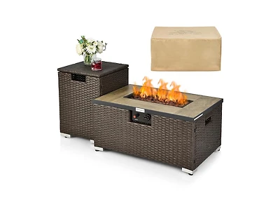 Slickblue 32 x 20 Inch Propane Rattan Fire Pit Table Set with Side Table Tank and Cover