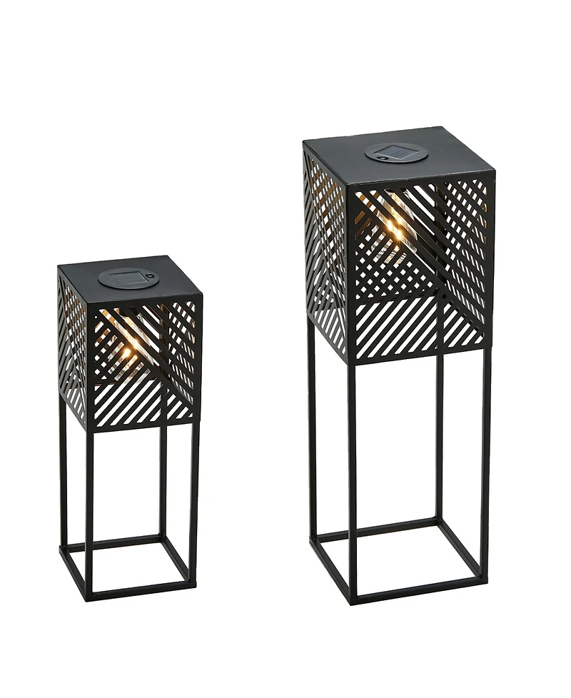 Glitzhome 23.75" H, 17.75" H Set of 2 Metal Stripes Geometric Solar Powered Edison Bulb Outdoor Floor Lantern or Planter Stands
