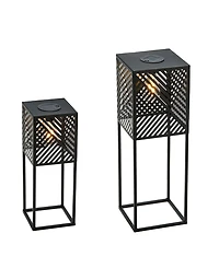 Glitzhome 23.75" H, 17.75" H Set of 2 Metal Stripes Geometric Solar Powered Edison Bulb Outdoor Floor Lantern or Planter Stands