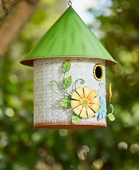 Glitzhome 11" H Stylish Distressed Metal Cottage Decorative Birdhouse with a Cluster of 3D Flowers and Butterfly